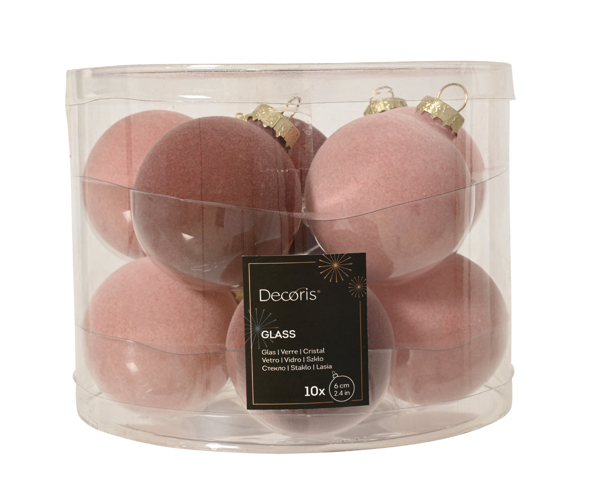 Light & Dark Pink Flock Finish Glass Baubles Set of 10 - 6cm