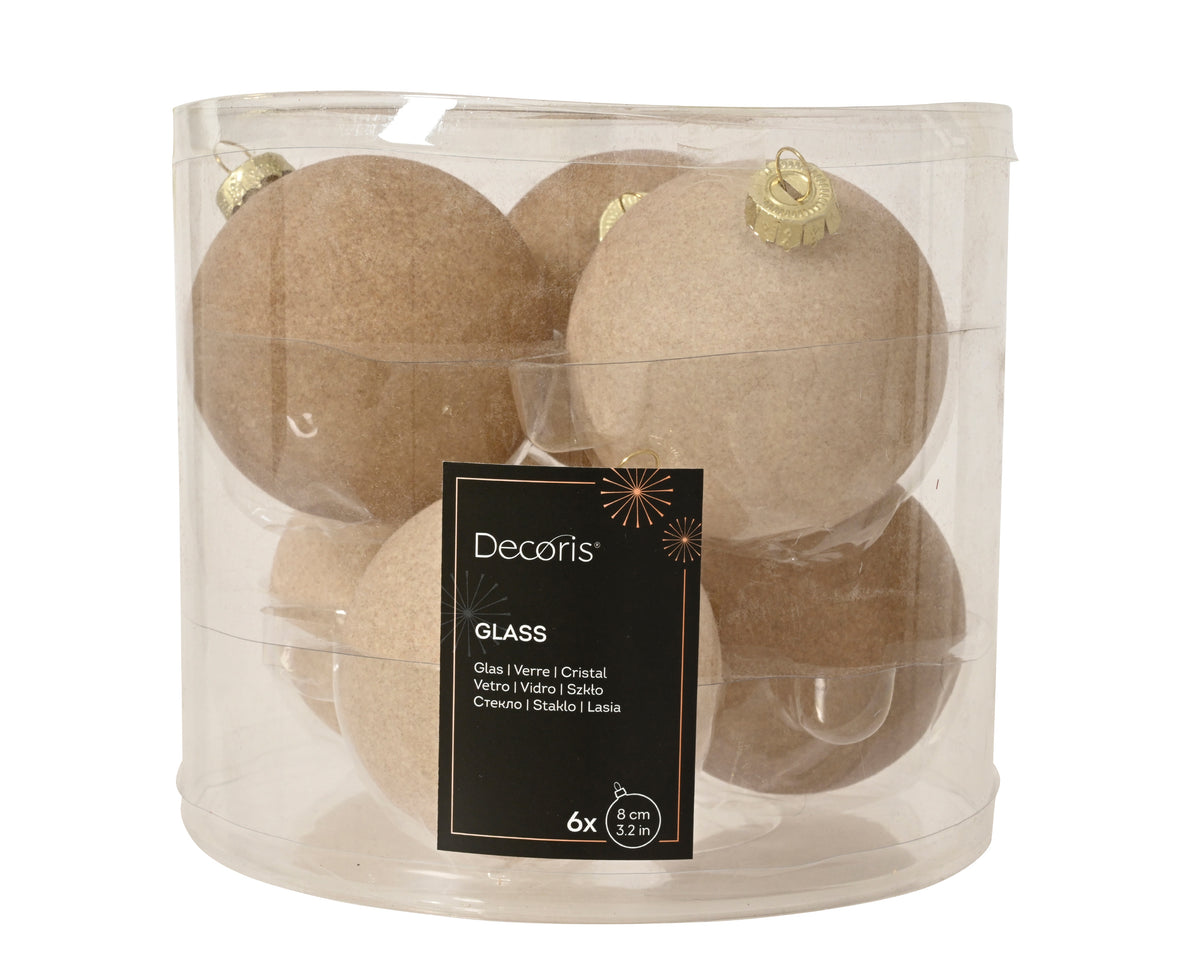 Sand & Amber Flock Finish Glass Baubles Set of 6 - 8cm