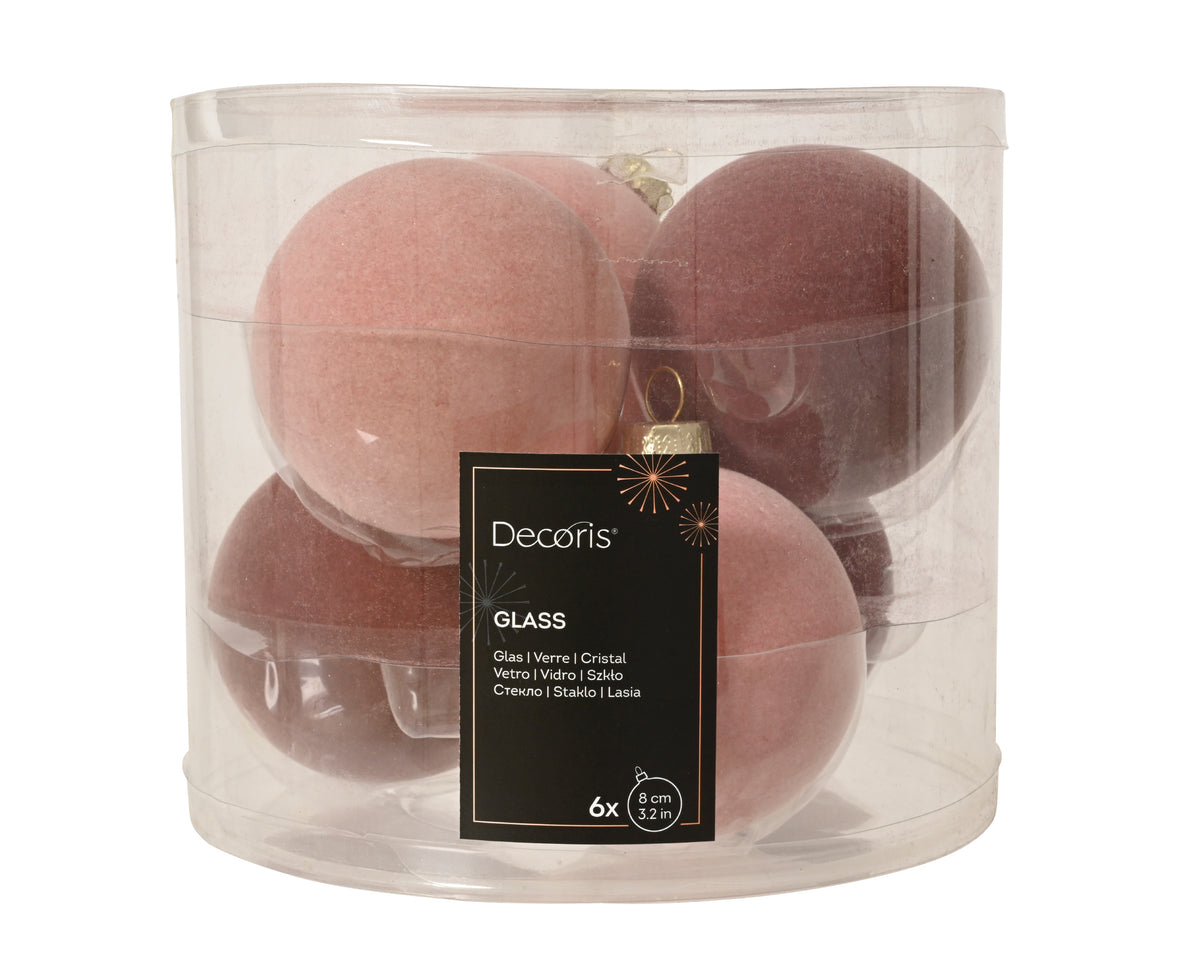 Light & Dark Pink Flock Finish Glass Baubles Set of 6 - 8cm