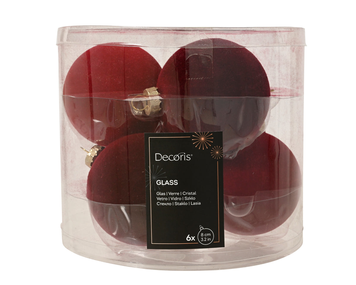Oxblood & Red Flock Finish Glass Baubles Set of 6 - 8cm