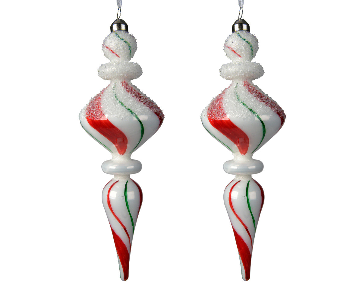 Pack of 2 Intricate Snowy Candy Cane Striped Glass Hanging Ornaments - 24cm