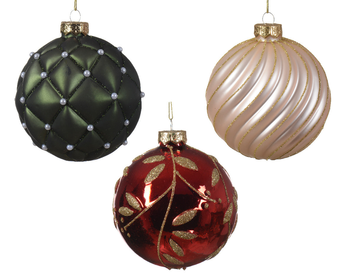 Individual Intricate Glass Festive Bauble with Gold Glitter Accent