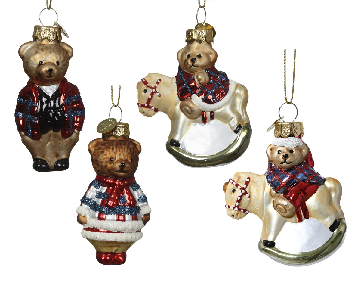 Single Teddy Bear Standing or on Rocking Horse Glass Bauble 7.5cm