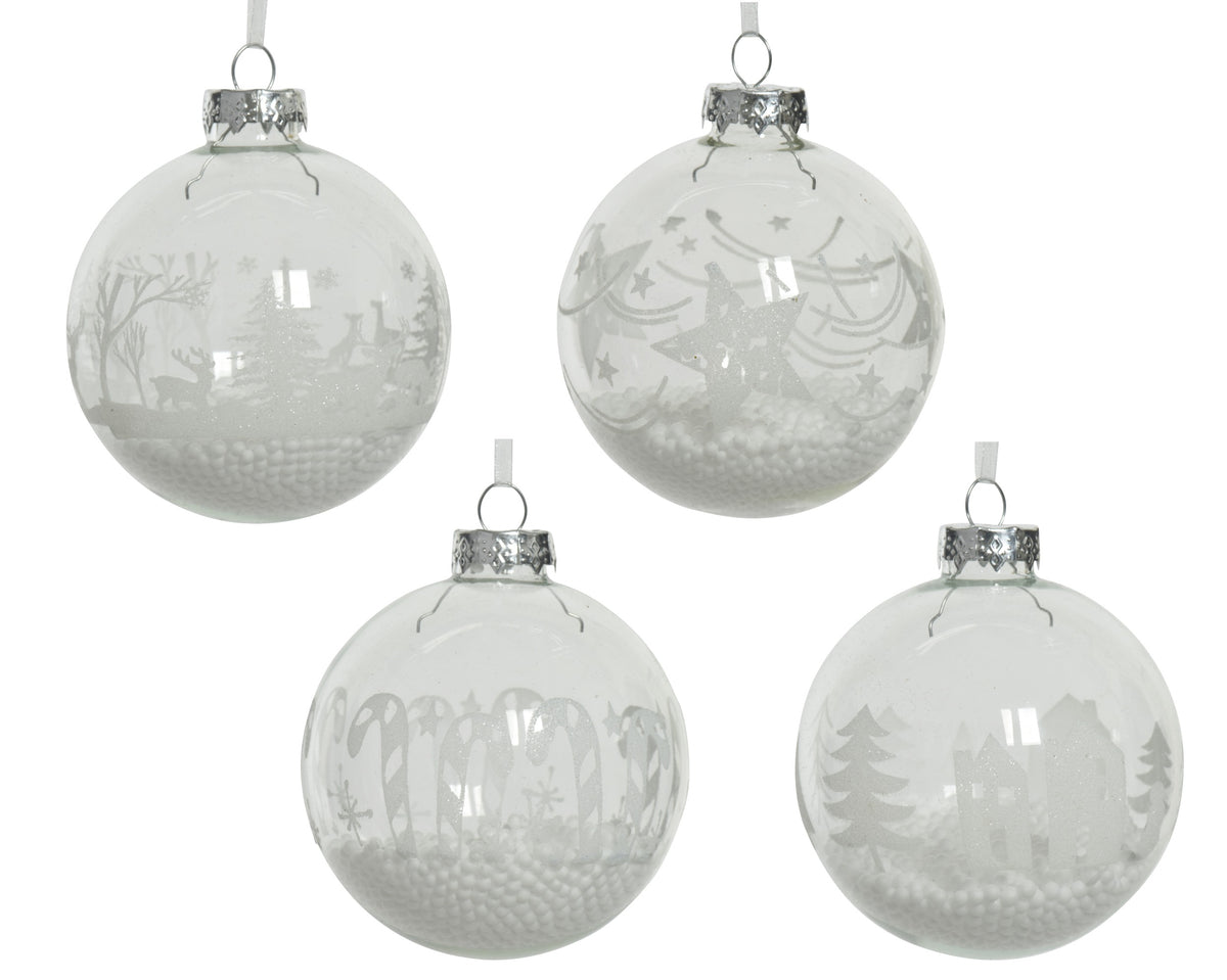 White & Clear Snowy Glass Bauble - 8cm