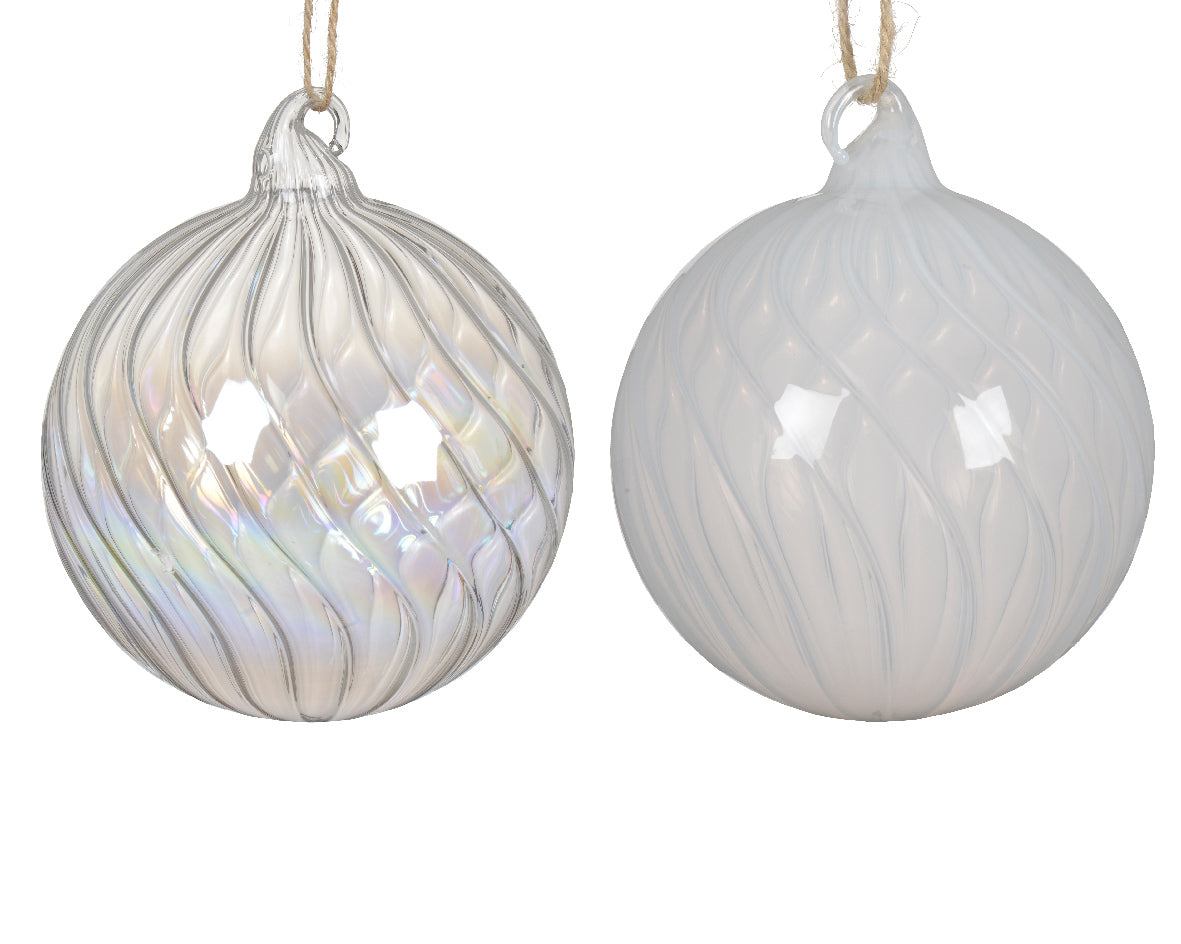 Clear Iridescent or Opaque White Glass Bauble with Swirl Detailing - 10cm