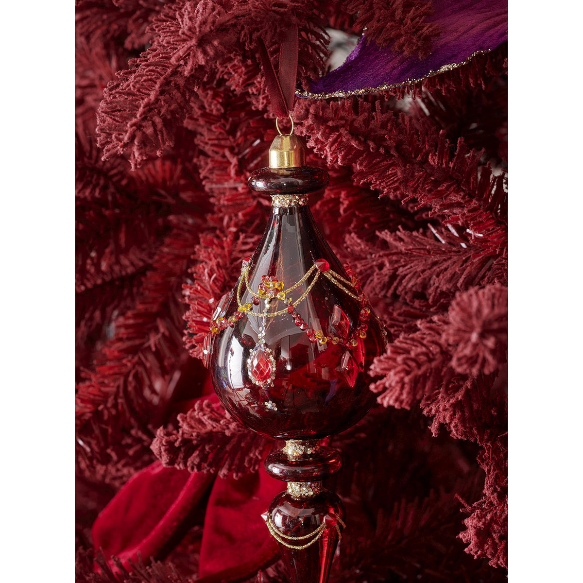 Transparent Oxblood Finial Drop Bauble with Glitter 18cm