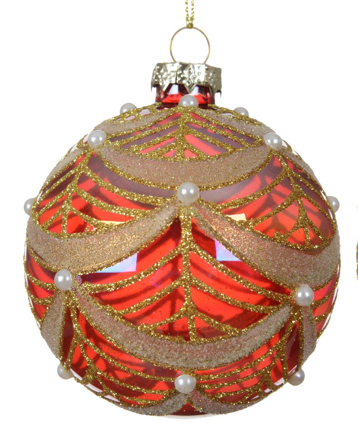 Iris Glitter Bauble with Pearls Red or Gold  - 8cm