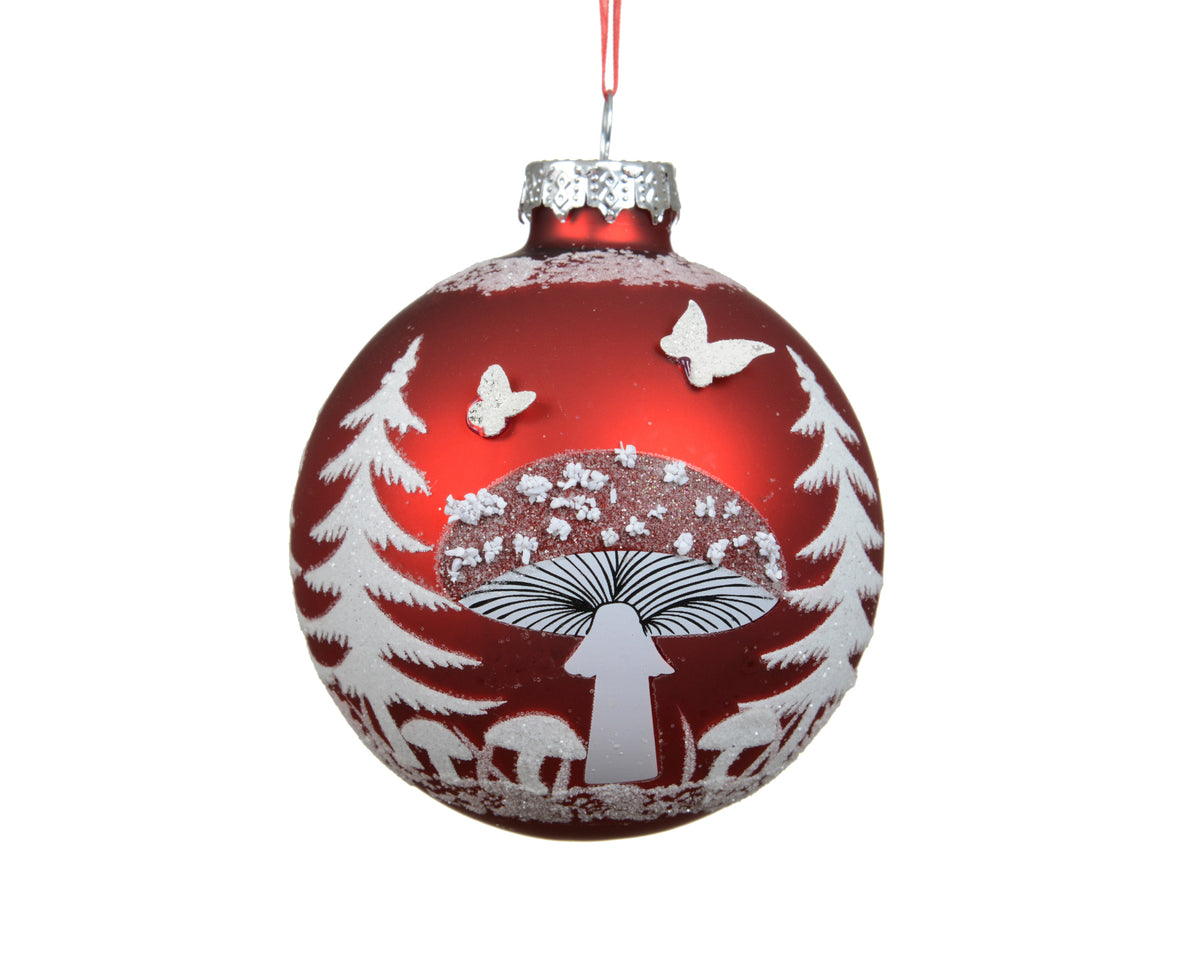 Red Snowy Mushroom with Butterflies Glass Bauble - 8cm