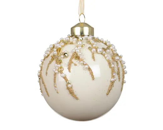 Wool White Pearl Beaded Enamel Glass Bauble - 8cm
