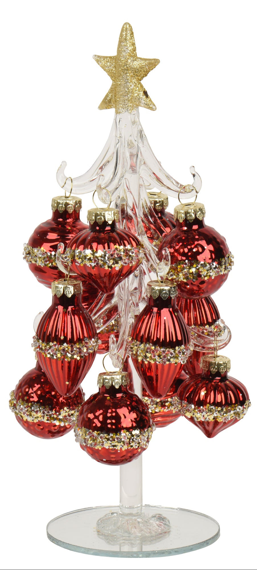 Glass Christmas Tree with Gold Glitter Star & 12 Baubles 20cm