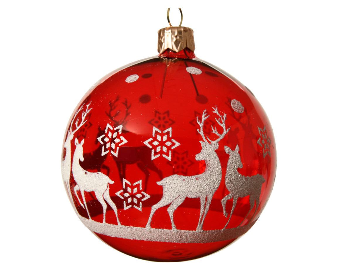 Red Glass Bauble with a Festive White Reindeer Design