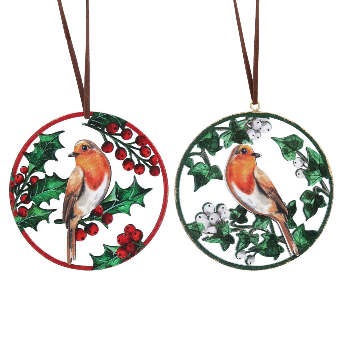 Gisela Graham Wooden Fretwork Robin with Holly or Ivy & Berries