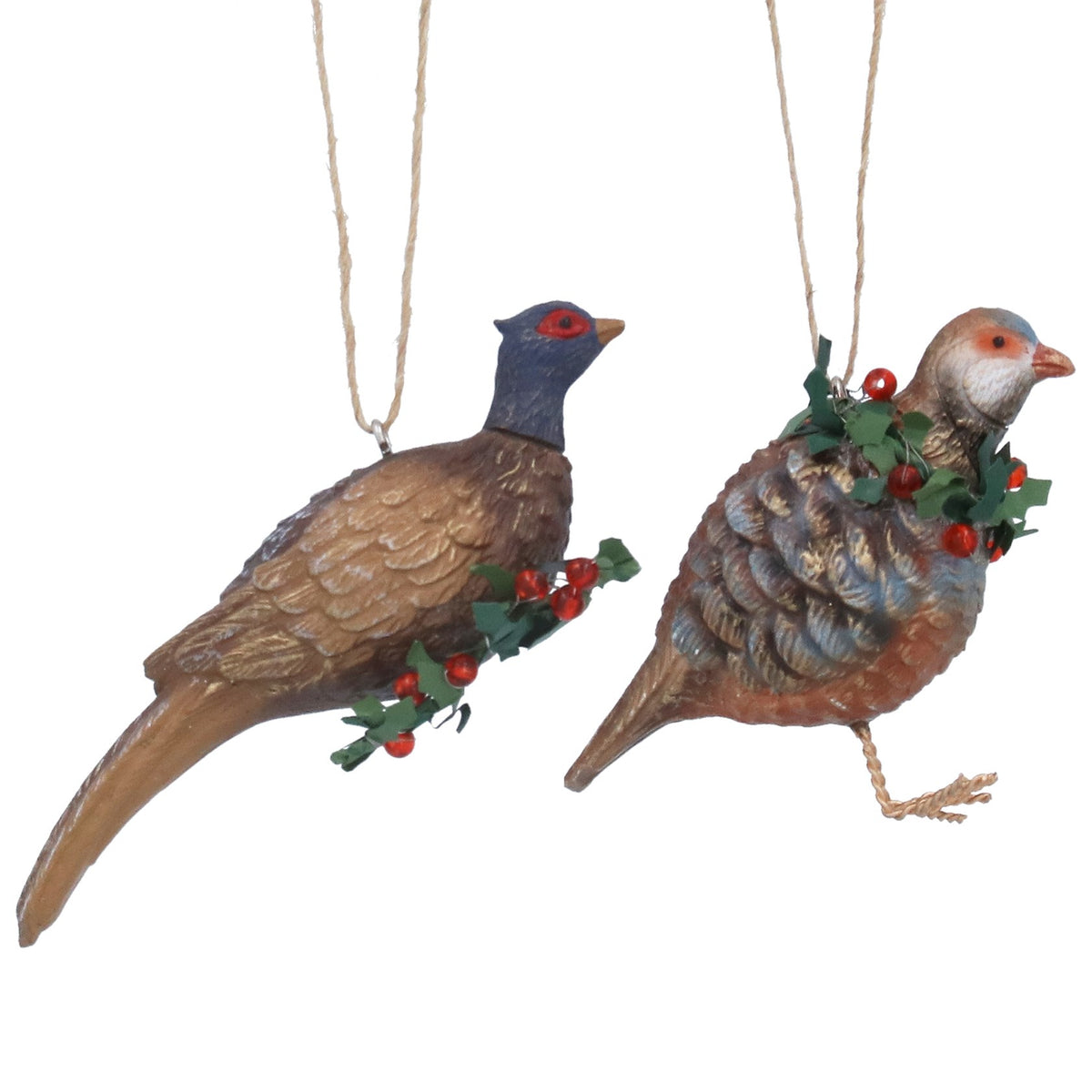 Gisela Graham Resin Partridge or Pheasant with Red Holly Berries Christmas Bauble