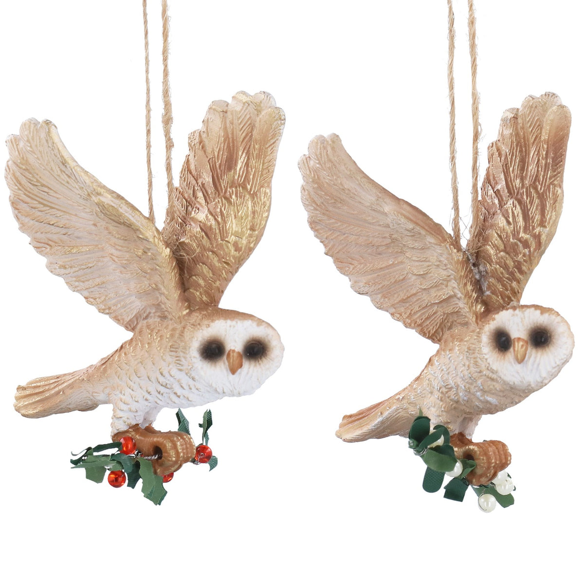 Gisela Graham Resin Owl with Red Holly or White Berries Christmas Bauble