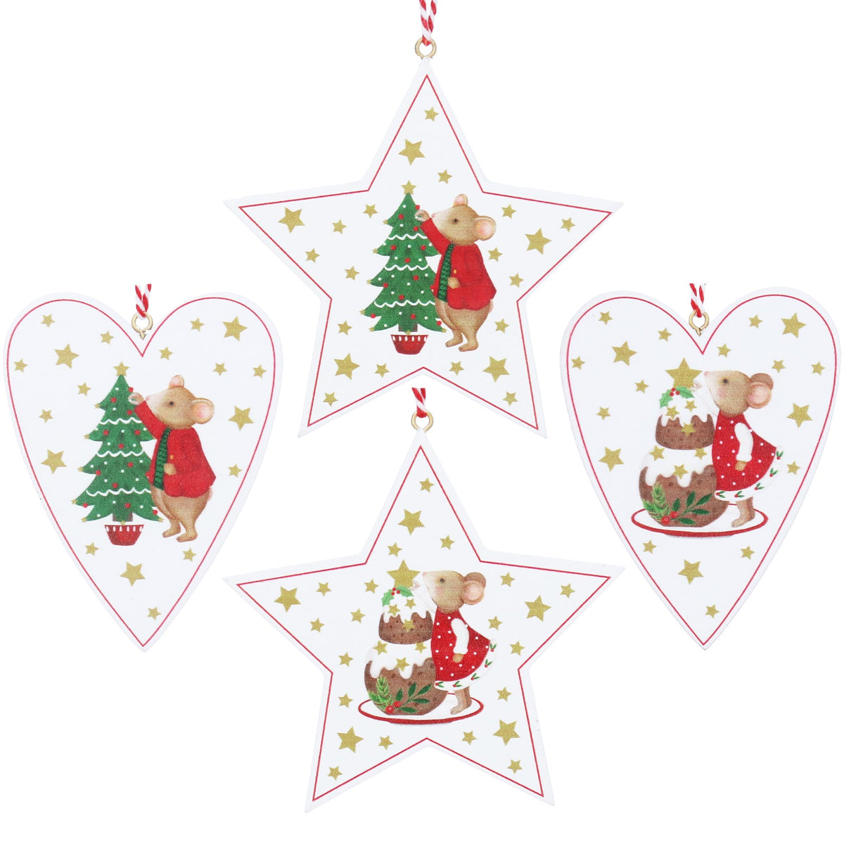 Gisela Graham Holly or Alfie Mouse Wood Heart or Star Hanging Decoration