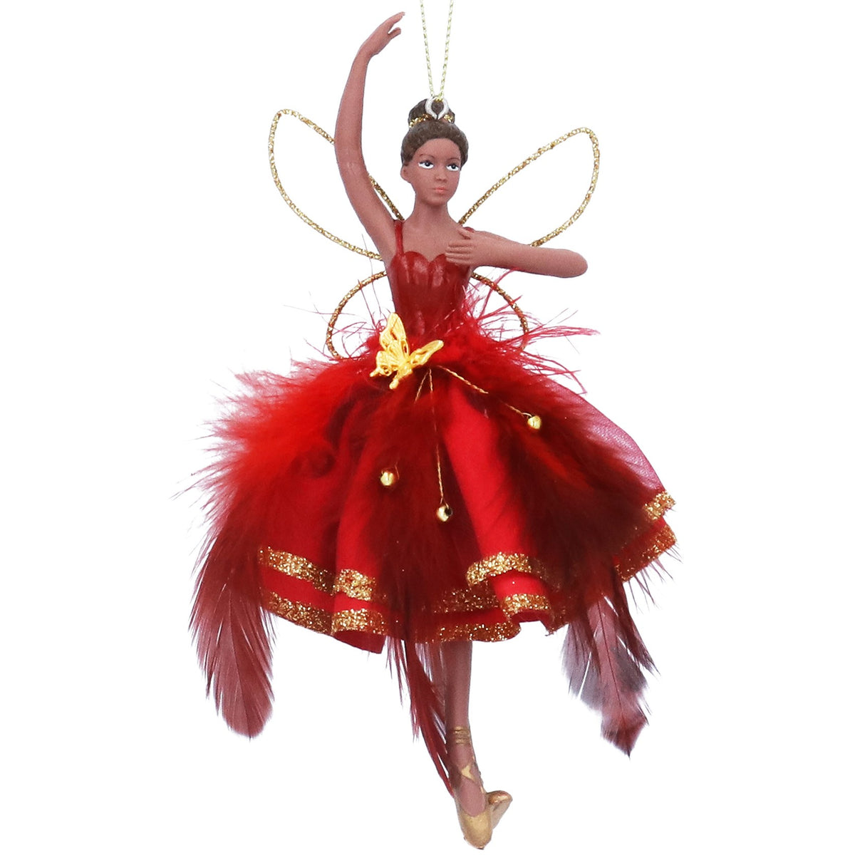Gisela Graham Black Resin Fairy in Fabric Feather Skirt Christmas Tree Decoration