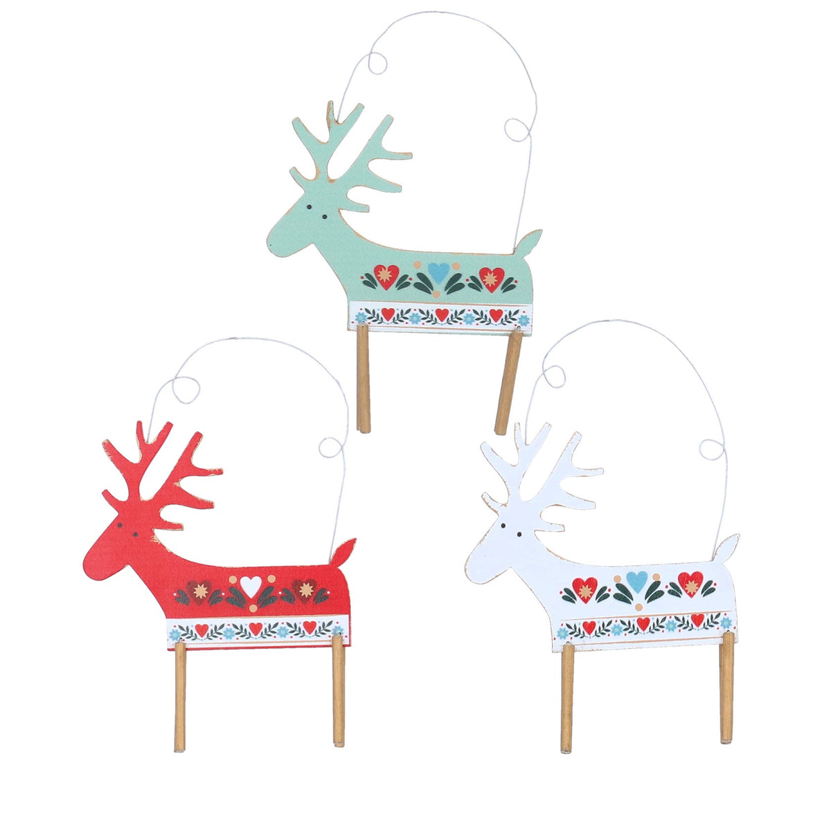 Gisela Graham Alpine Red, Green or White Reindeer Wooden Christmas Bauble - Single