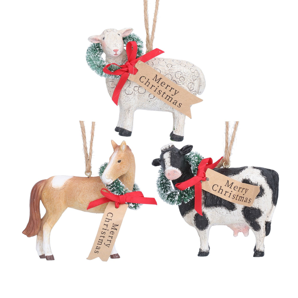 Gisela Graham Resin Horse, Sheep or Cow with Wreath Christmas Bauble