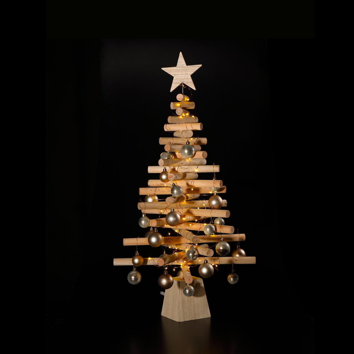 Large Wooden Christmas Tree with Decorations & Battery Operated LED Lights - 88cm