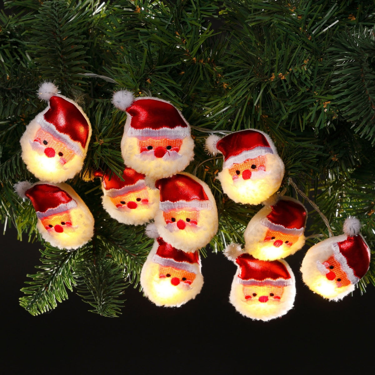 NOMA 10 Fabric Santas with Shiny Hat Garland