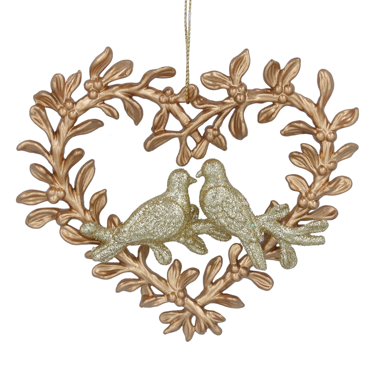 Gisela Graham Golden Heart Wreath with Glitter Doves Hanging Decoration - 13cm