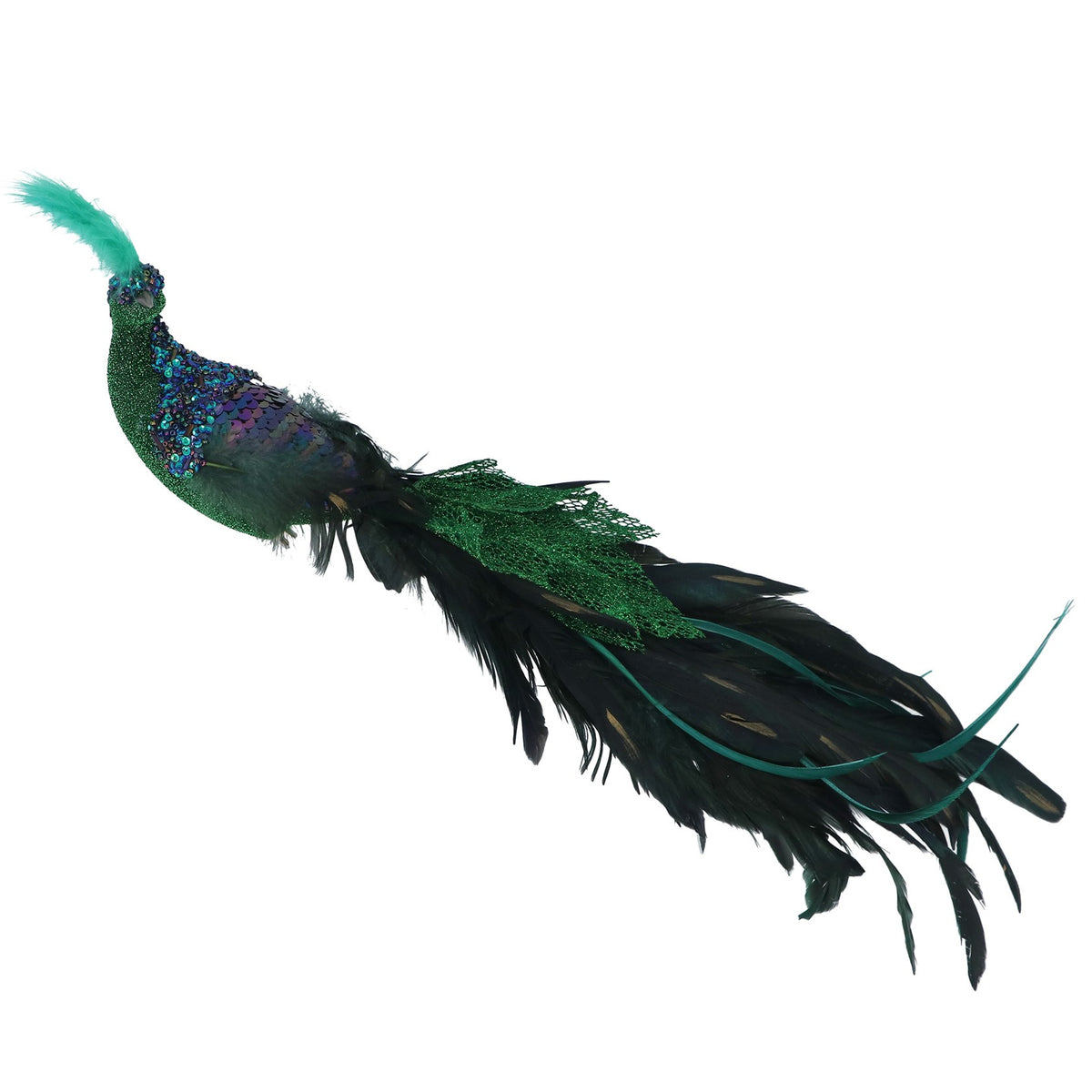 Gisela Graham Large Green & Blue Peacock Clip with Long Feather Tail - 9x16x45cm