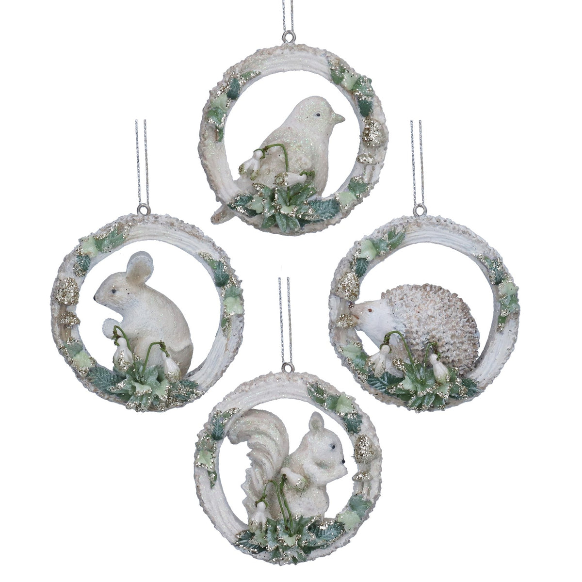 Gisela Graham Resin Animal in Snowdrop Log Wreath Christmas Bauble