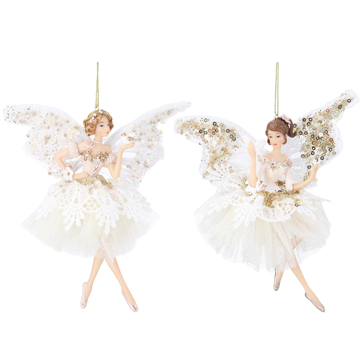Gisela Graham - Resin White Gold Angelic Fairy Christmas Decoration Single - 17cm