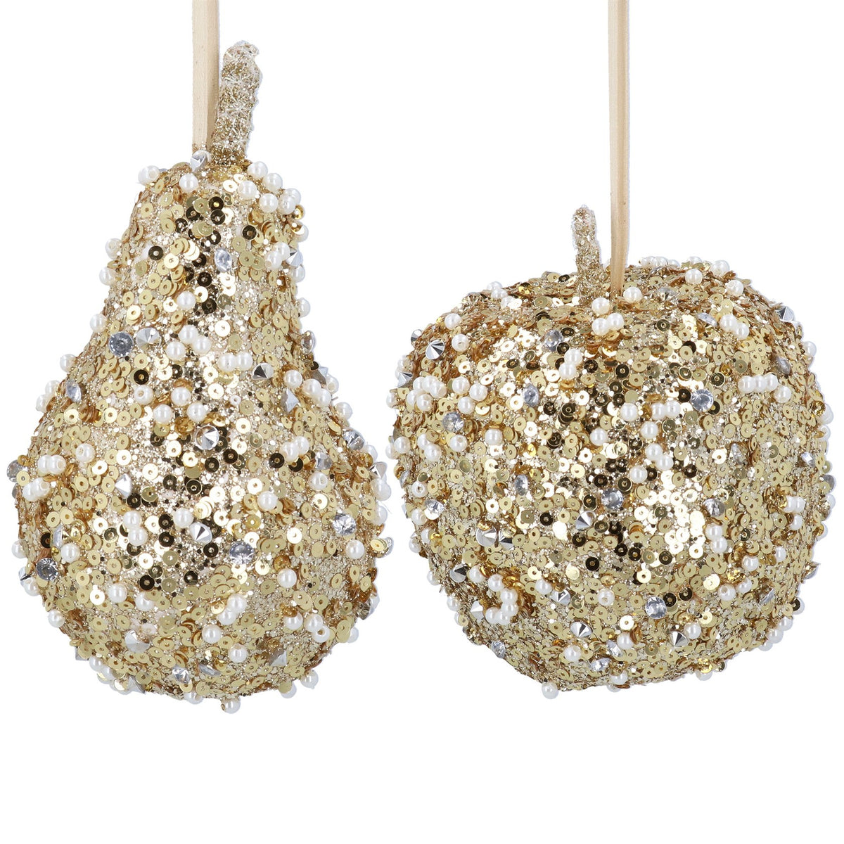 Gisela Graham - Gold Beaded Sequin Fruit Apple or Pear - 11cm