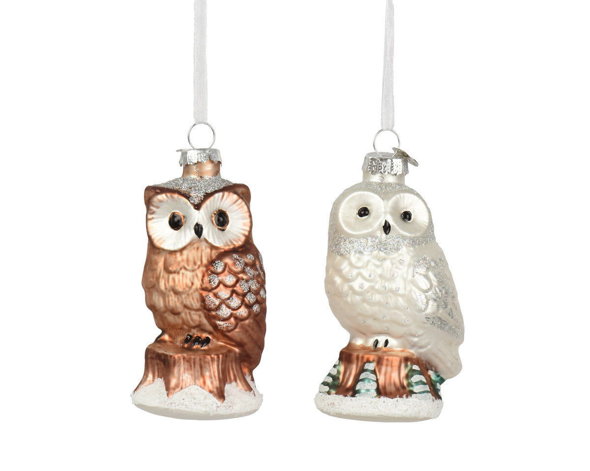 Brown or White Glass Owl 10.1cm Christmas Bauble