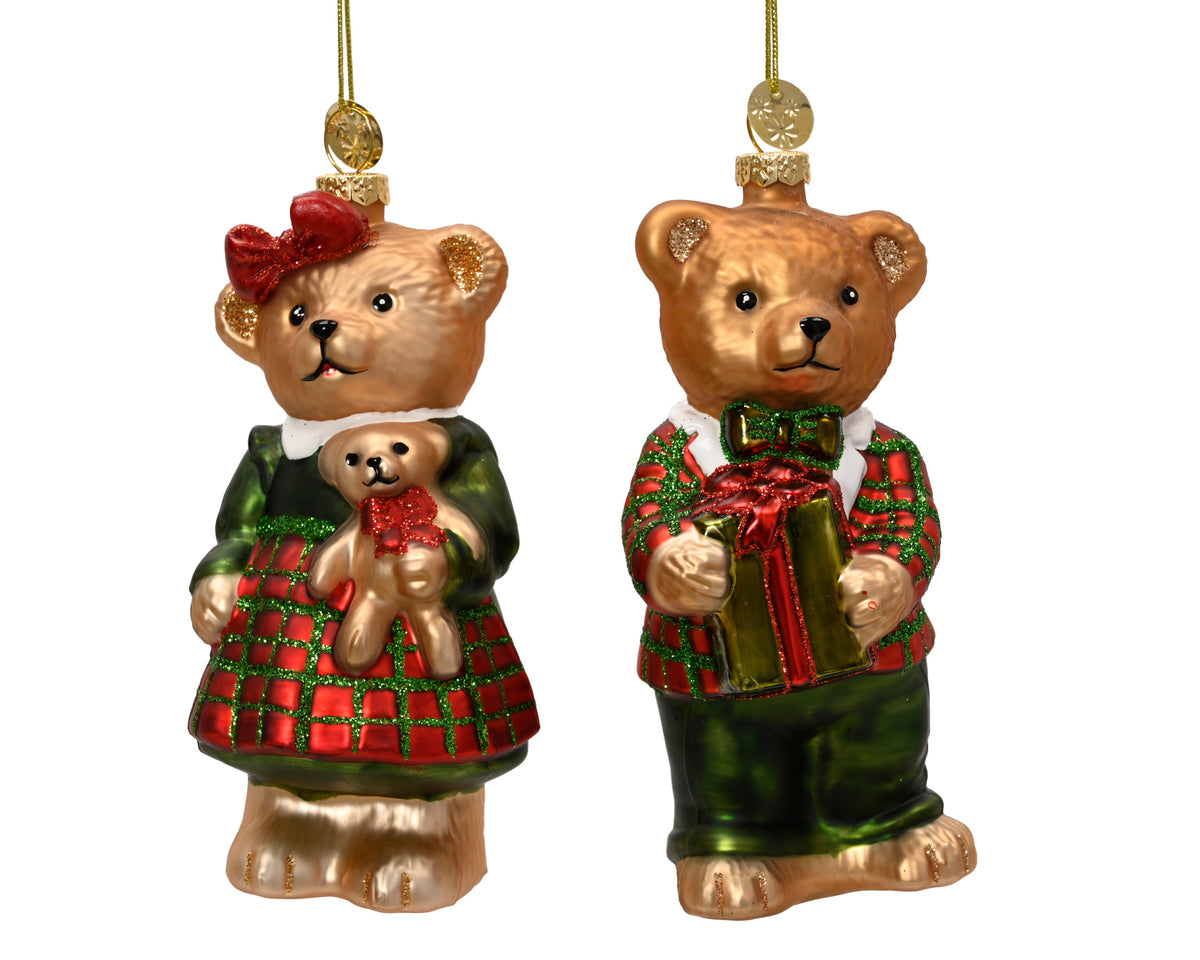 Traditional Tartan Bear Holding Teddy Bear or Present Glass Bauble 13.3cm