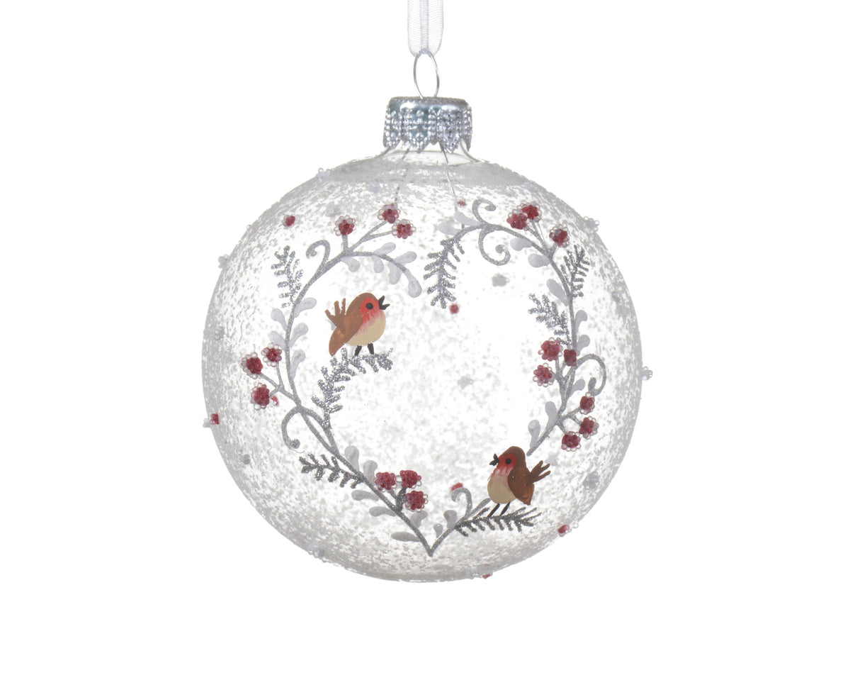 Clear Glass Bauble with Branches and Robins 8cm