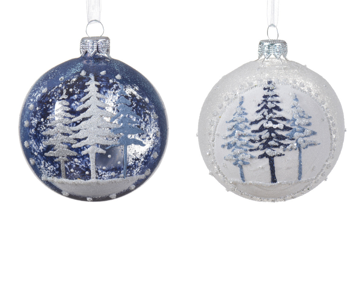 Blue and White Painted Christmas Tree Glass Snowy Bauble Hanging Decoration