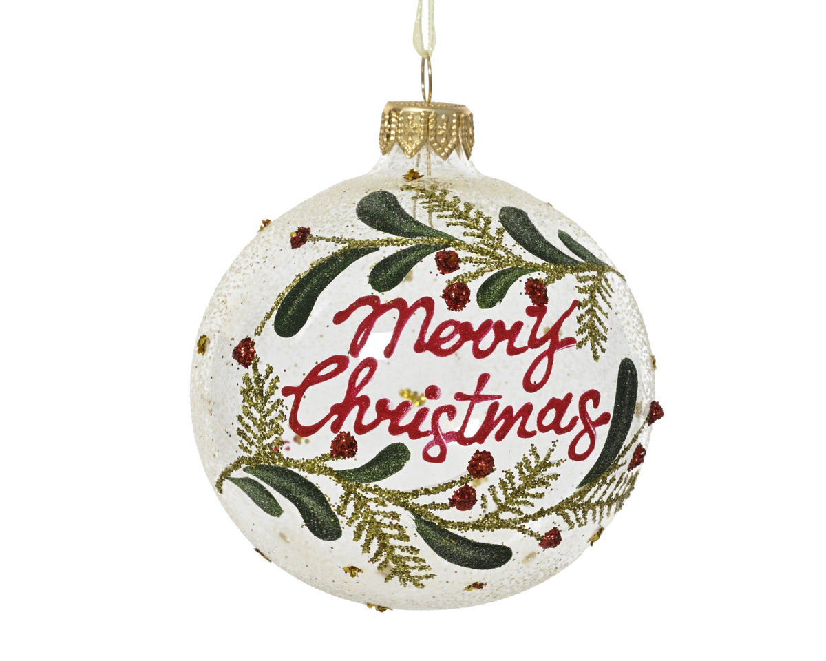 Merry Christmas Clear Glass Bauble with Holly - 8cm