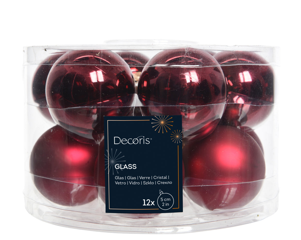 Oxblood Dark Red Glass Baubles in Shiny & Matte Finish 5cm - Box of 12