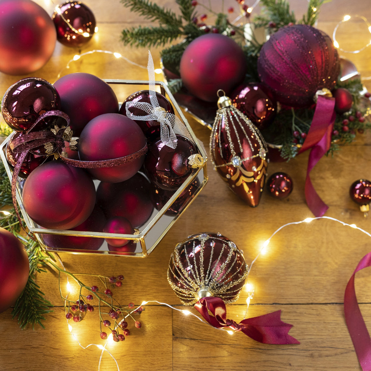Oxblood Dark Red Glass Baubles in Shiny & Matte Finish 5cm - Box of 12