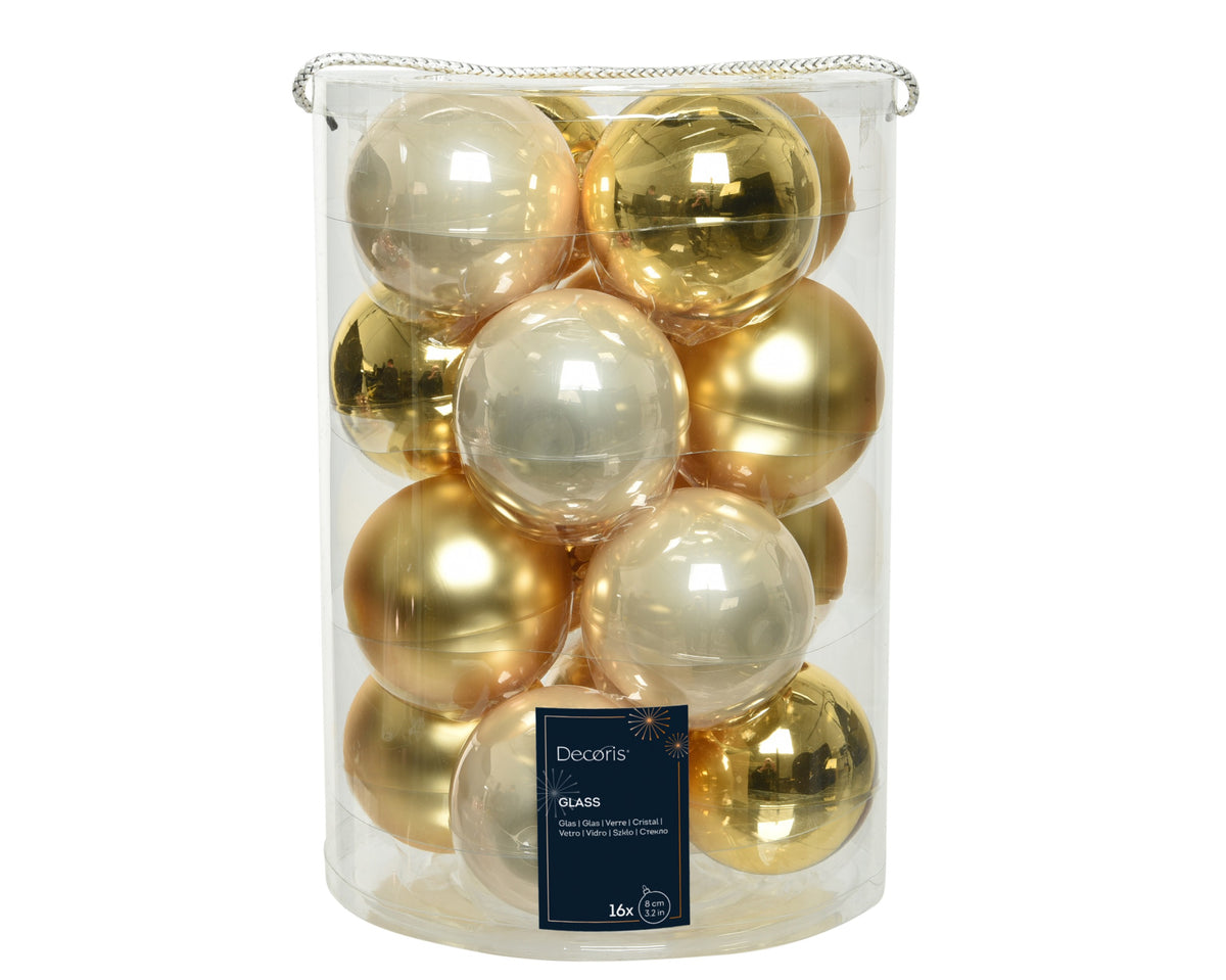 Matte & Shiny Gold & Pearl Mixed Glass Baubles 8cm - Pack of 16