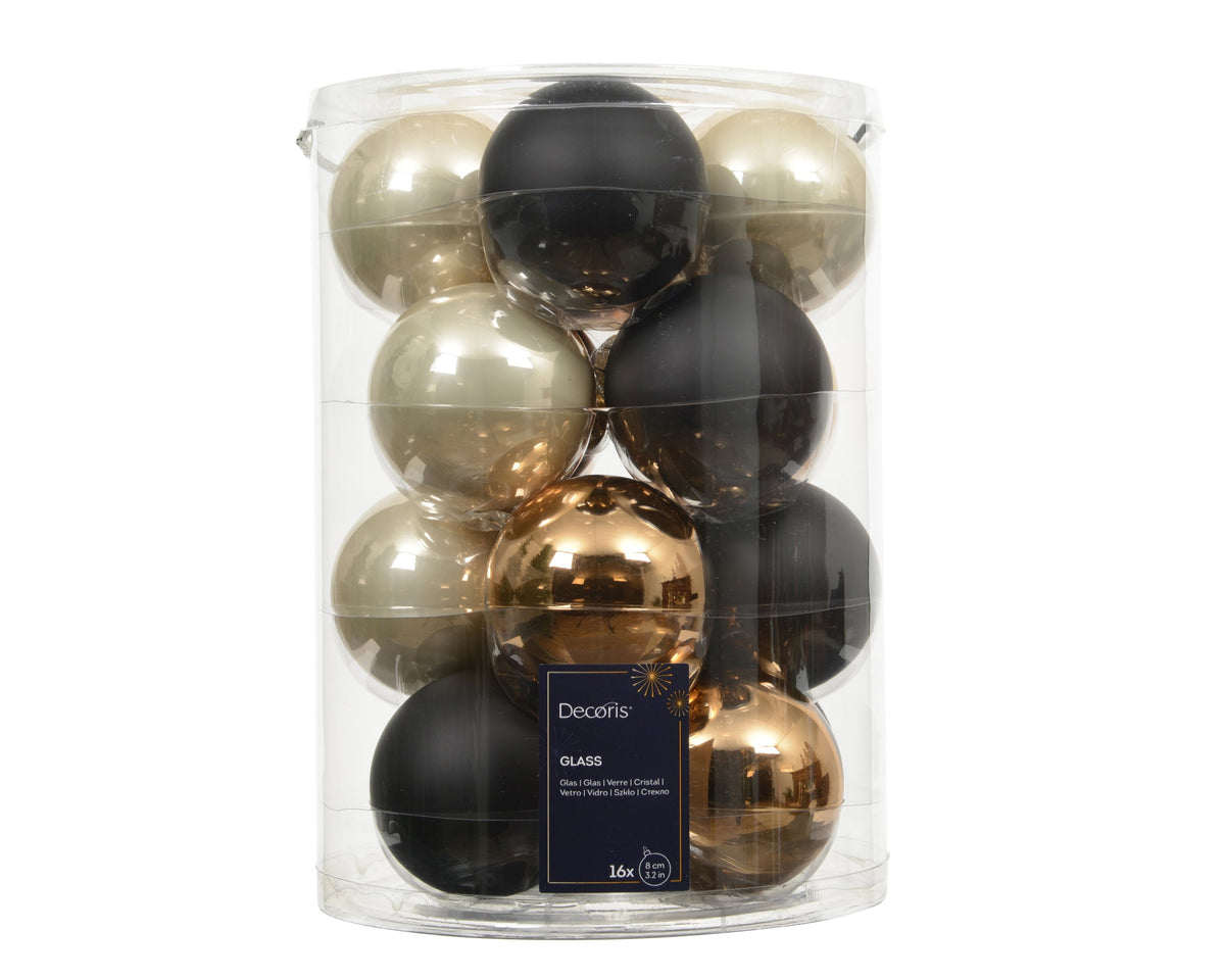 Matte Black, Shiny Gold and Enamel Glass Baubles 8cm - Pack of 16