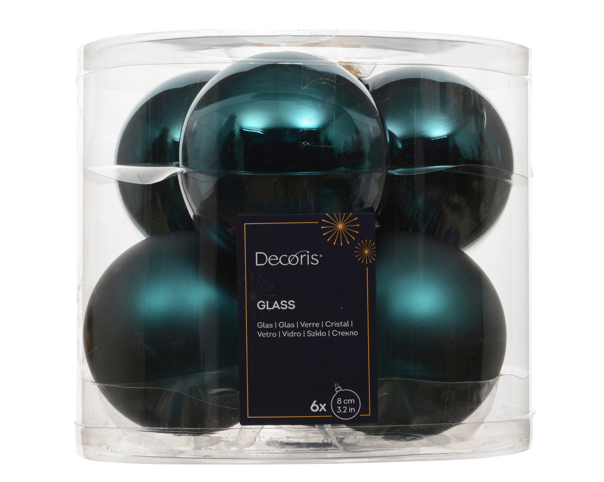 Glass Emerald Matte & Shiny Baubles 8cm - Pack of 6