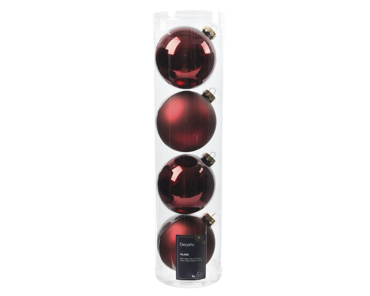 Pack of 4 Oxblood Dark Red Matte & Shiny Glass Baubles - 10cm