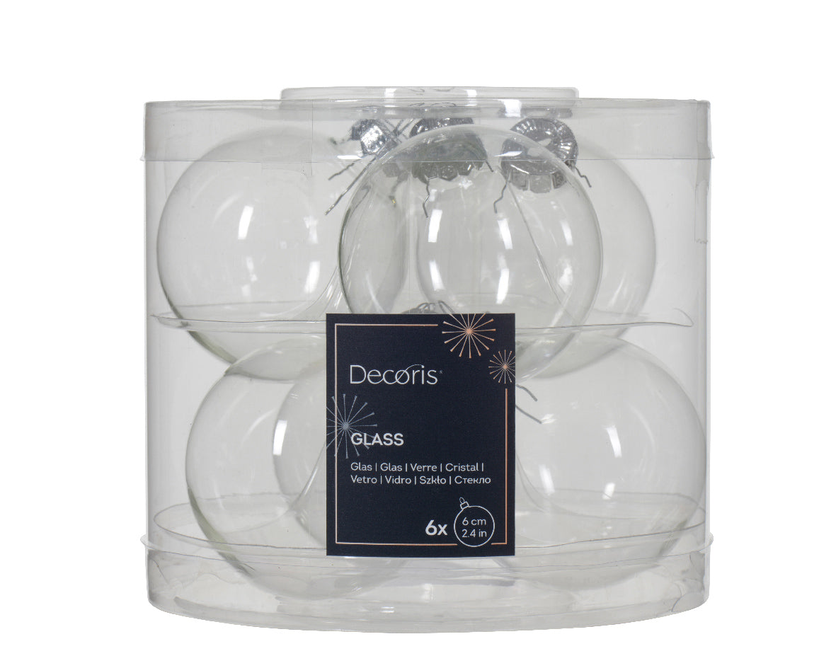 Set of 6 Plain Clear 6cm Glass Baubles