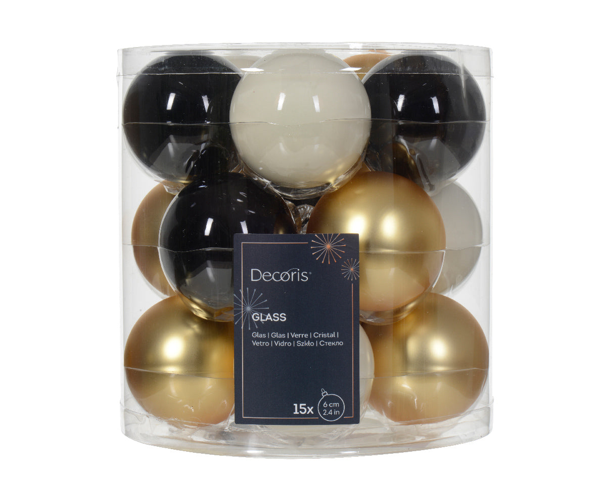 Set of 15 Winter White, Gold and Black Glass Baubles - 6cm