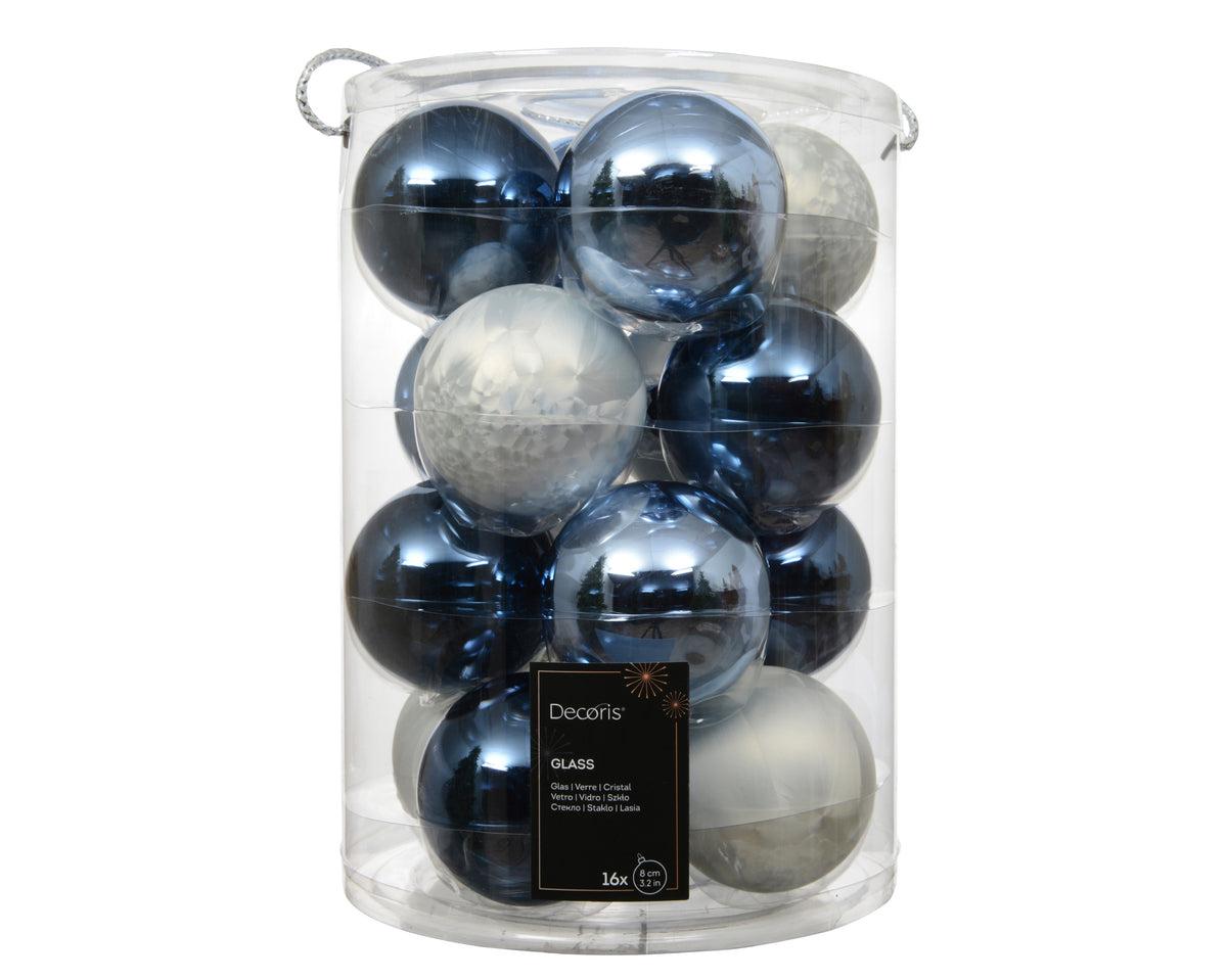 Ice Blue & Silver Mixed Glass Baubles 8cm - Pack of 16