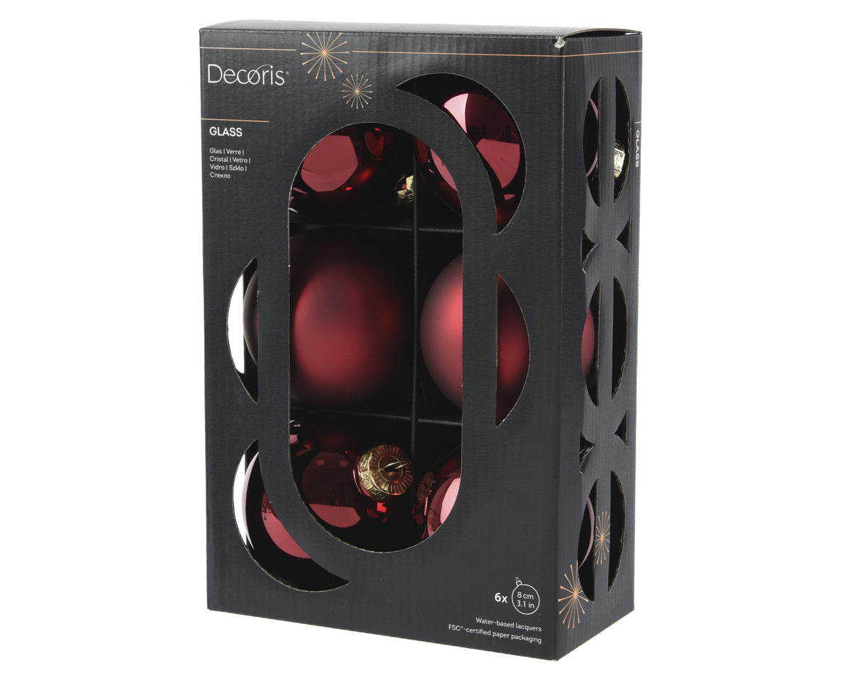 Oxblood Dark Red Glass Baubles in Shiny & Matte Finish 8cm - Box of 6