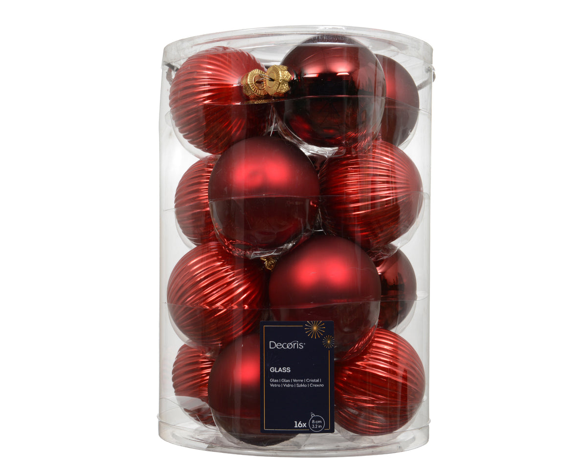 Matte & Shiny Red Textured Glass Baubles 8cm - Pack of 16