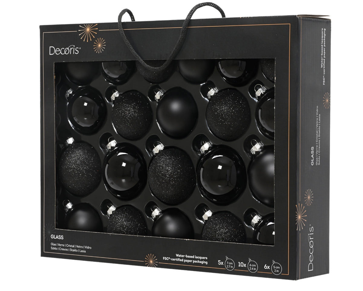 Black Assorted Glass Christmas Baubles - Box of 21