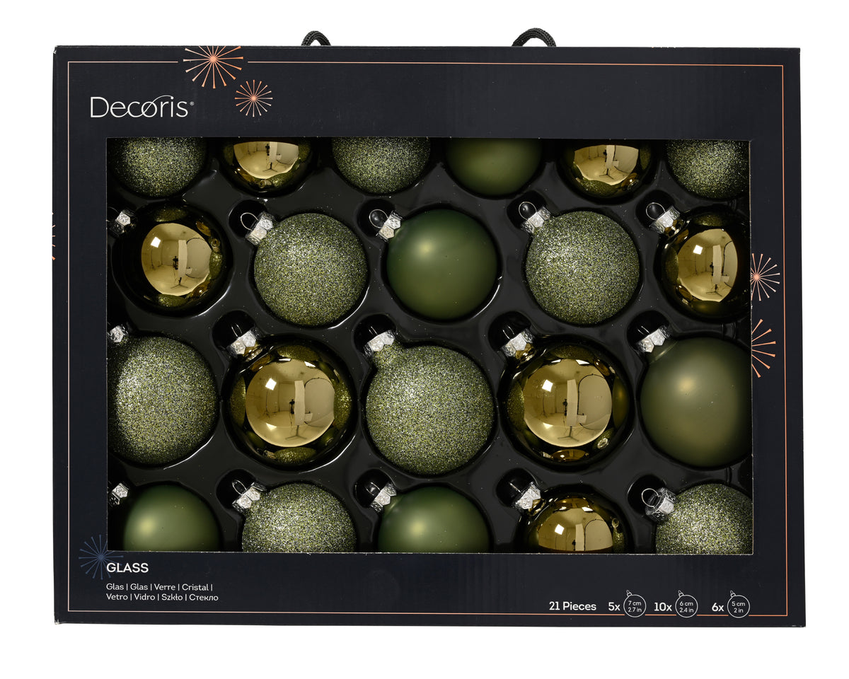 Rosemary Green Glass Baubles - Set of 21