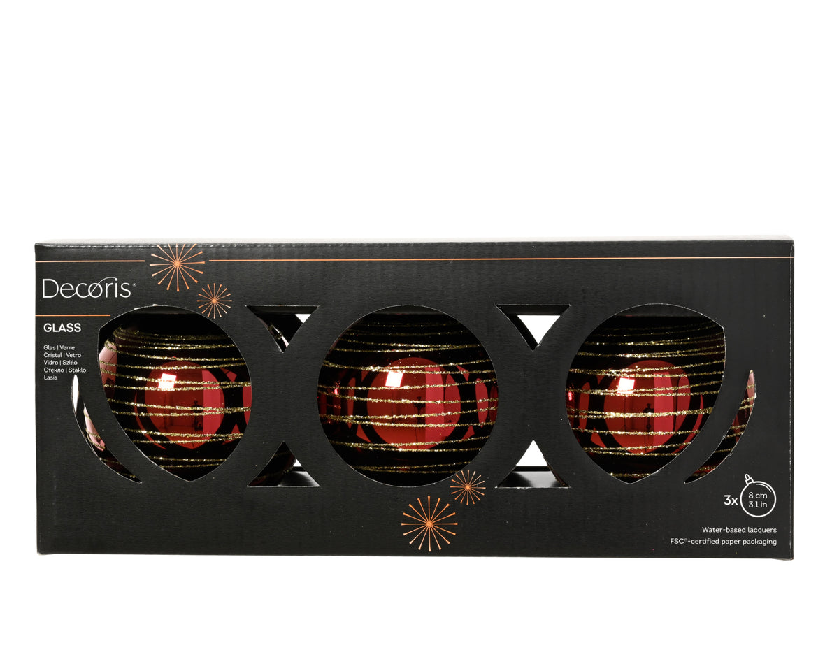 Oxblood Red with Gold Glitter Swirls Glass Baubles 8cm - Pack of 3