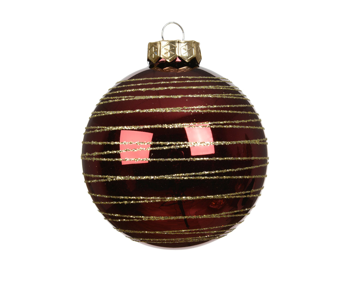 Oxblood Red with Gold Glitter Swirls Glass Baubles 8cm - Pack of 3