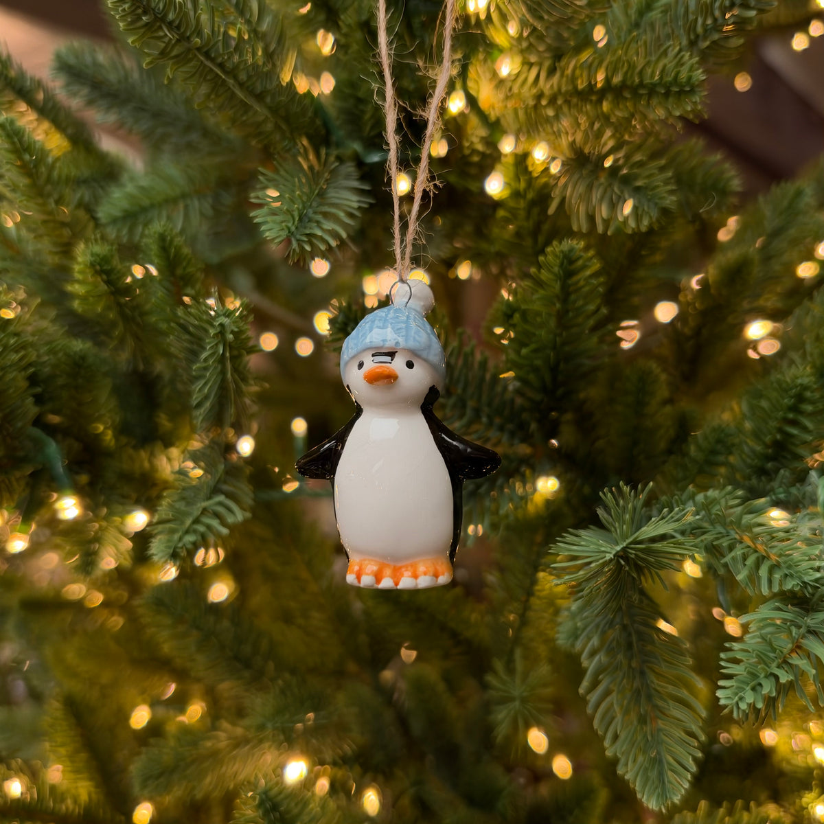 Ceramic Christmas Penguin in Blue Hat Bauble - 6.3cm
